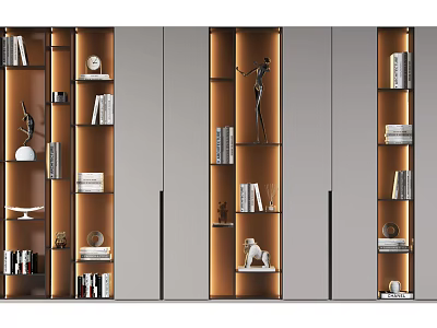 Stylish Modern Bookcase Design With Open Shelves Books Decorative Items And Lighting 3d model