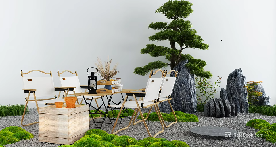 Outdoor Table Setup With Folding Chairs Green Plants Moss And Lantern Decor 3d model