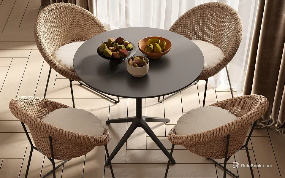 Round Outdoor Table With Black Tabletop Metal Legs Wicker Chairs Light Cushions And Fruit Bowls 3d model 