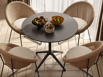 Round Outdoor Table With Black Tabletop Metal Legs Wicker Chairs Light Cushions And Fruit Bowls 3d model