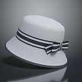 White Striped Woven Hat With Decorative Bow And Wide Brim Design