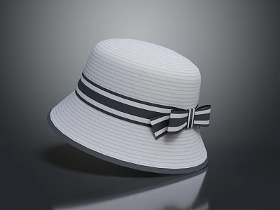 White Striped Woven Hat With Decorative Bow And Wide Brim Design 3d model