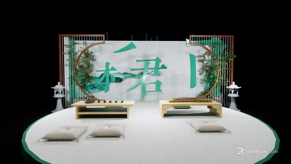 Chinese Style Interactive Area Design With Circular Layout Wooden Screens Bamboo Plants And Cushioned Benches 3d model 