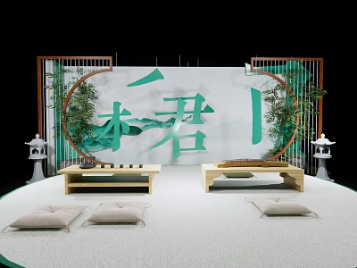 Chinese Style Interactive Area Design With Circular Layout Wooden Screens Bamboo Plants And Cushioned Benches 3d model