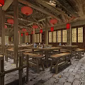 Chinese Style Restaurant With Wooden Structure Red Lanterns Long Tables Benches Brick Walls Stone Floor