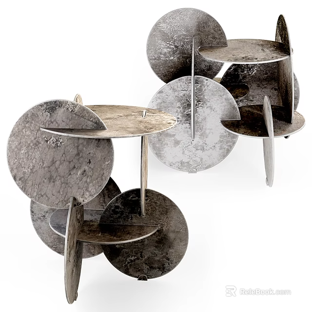 Contemporary Metal Frame Side Table Featuring Round Marble Tops And Open Shelves 3d model 