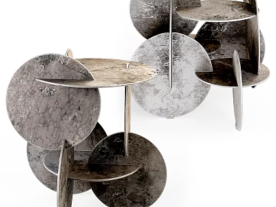 Contemporary Metal Frame Side Table Featuring Round Marble Tops And Open Shelves 3d model