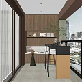 Modern Home Balcony Interior With Wooden Cabinets Bench Bar Stools Green Plants And City View