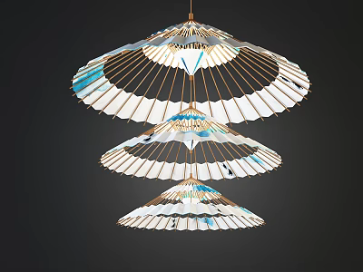 Modern Multi Tiered Chandelier With Umbrella Shaped Glass Panels In White Blue And Gold 3d model