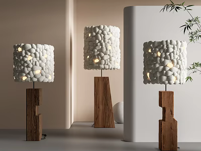 Modern Floor Lamps With Pebble Decorated White Shades Wooden Irregular Bases And Green Plant Accents 3d model