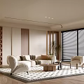 Modern Living Room Interior With Cream Sofa Armchair Checkered Rug Floor Lamp And Wooden Blinds