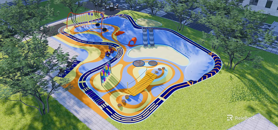Colorful Children's Play Area With Slides Climbing Structures And Green Lawn 3d model 