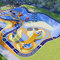 Colorful Children's Play Area With Slides Climbing Structures And Green Lawn