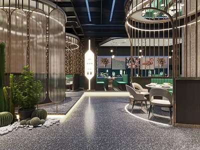 Modern Hotpot Restaurant Interior Design With Green Seating Decorative Plants And Lighting Fixtures 3d model