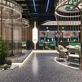 Modern Hotpot Restaurant Interior Design With Green Seating Decorative Plants And Lighting Fixtures
