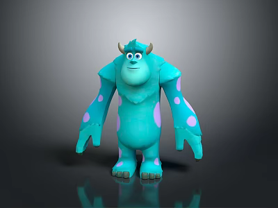 Cute Turquoise Cartoon Creature Character With Pink Spots Horns And Big Eyes Standing 3d model