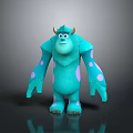 Cute Turquoise Cartoon Creature Character With Pink Spots Horns And Big Eyes Standing