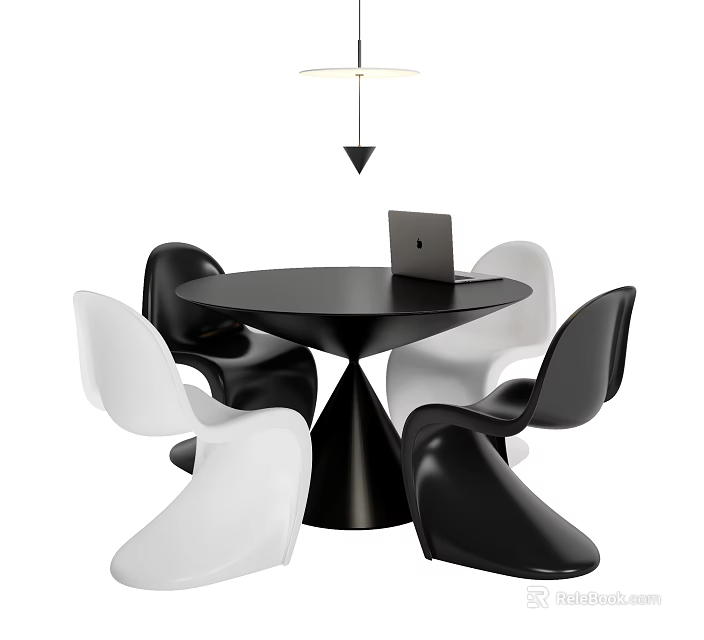Modern Dining Table Set With Round Black Top White Black Chairs Laptop And Hanging Light 3d model 