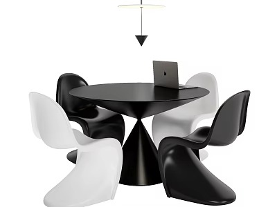 Modern Dining Table Set With Round Black Top White Black Chairs Laptop And Hanging Light 3d model