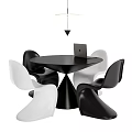 Modern Dining Table Set With Round Black Top White Black Chairs Laptop And Hanging Light