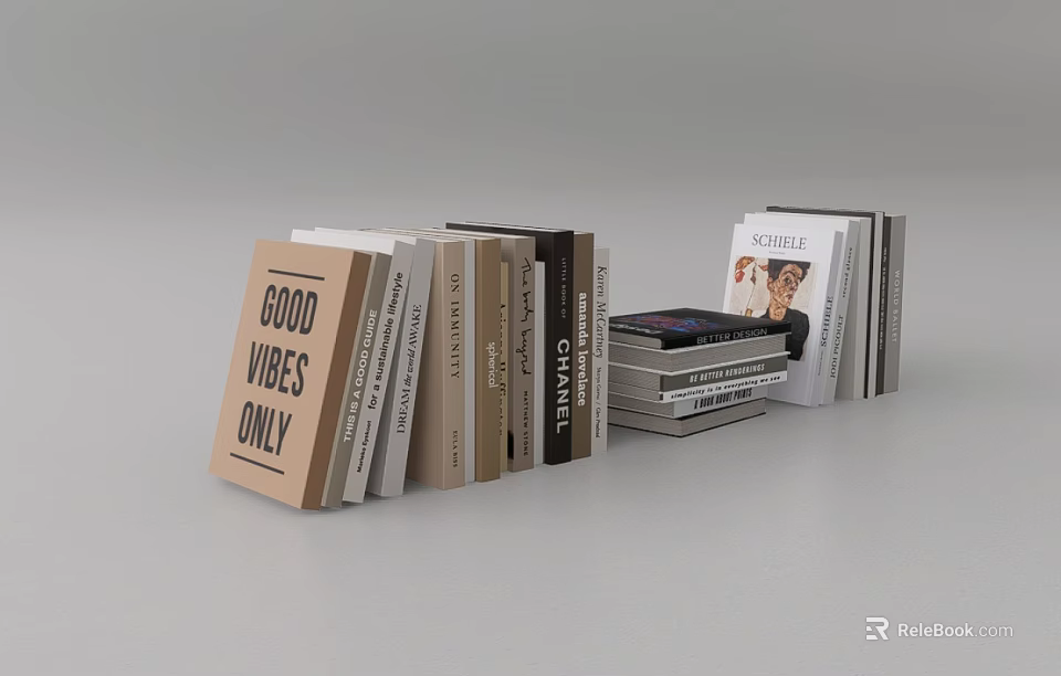 Stacked Books and Magazines with GOOD VIBES ONLY CHANEL Covers and Person Portrait 3d model 
