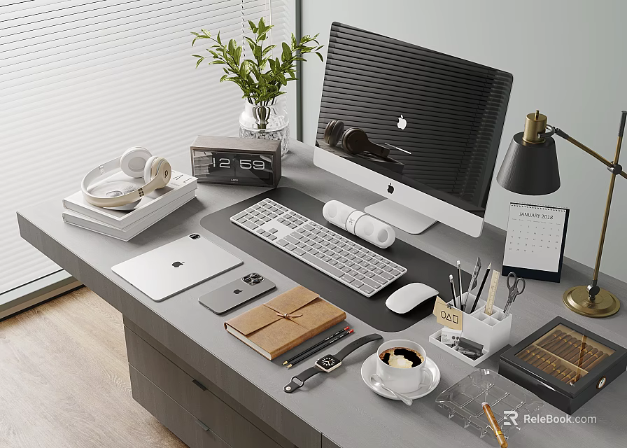 Modern iMac Desktop Setup on Organized Office Desk with Keyboard Mouse Lamp and Coffee 3d model 