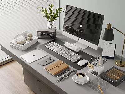 Modern iMac Desktop Setup on Organized Office Desk with Keyboard Mouse Lamp and Coffee 3d model