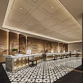 Luxurious Hotel Lobby Interior With Wooden Ceiling Turquoise Hanging Lights And Marble Floor