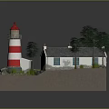 Cartoon Scene Featuring Red White Lighthouse Small House Blue Boat Trees Rocks And Water Area