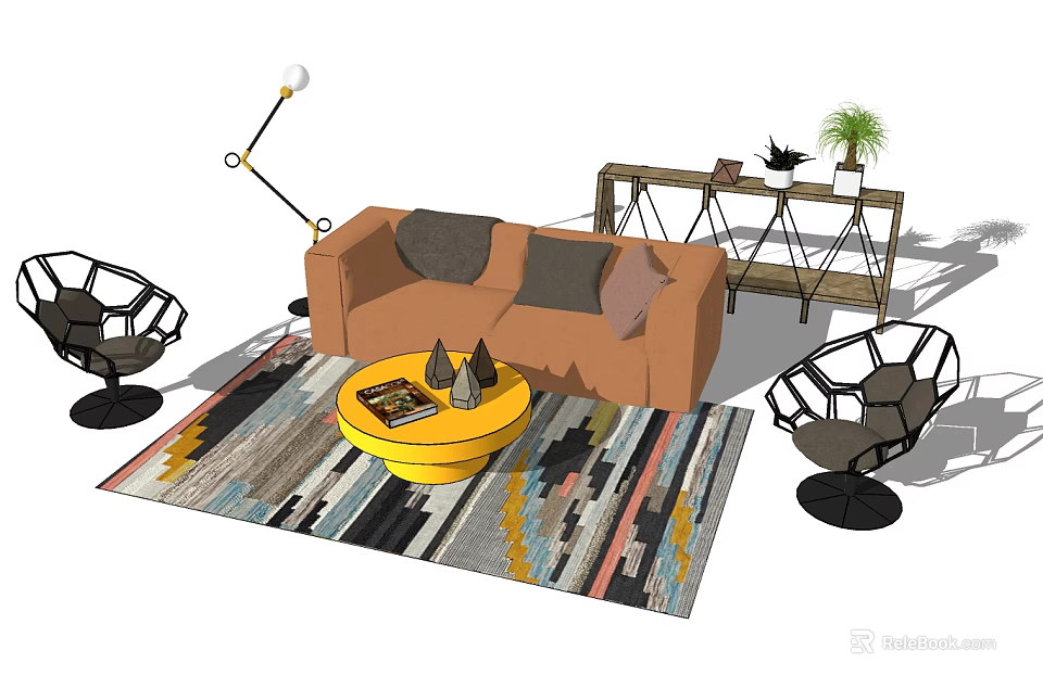 Orange Sofa Coffee Table Set with Yellow Round Table Geometric Rug and Modern Side Table 3d model 