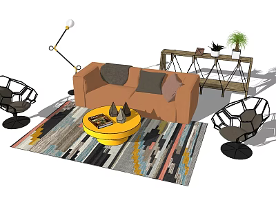 Orange Sofa Coffee Table Set with Yellow Round Table Geometric Rug and Modern Side Table 3d model