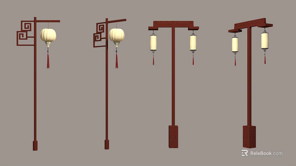Chinese Style Outdoor Furniture With Wooden Lantern Street Lamps And White Tassels 3d model 