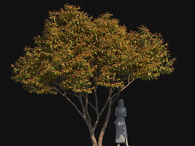 Lush Shrub With Green And Orange Leaves Near White Silhouette Figure In Long Dress 3d model