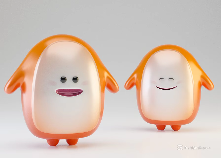 Two Cute Orange And White Cartoon Dolls With Smiling Faces And Round Shape 3d model 