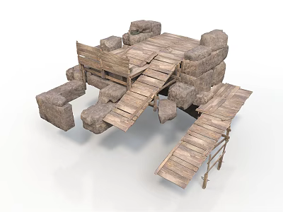 Ancient Rustic Wooden Stone Structure With Planks And Rock Blocks 3d model