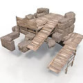 Ancient Rustic Wooden Stone Structure With Planks And Rock Blocks 3d model