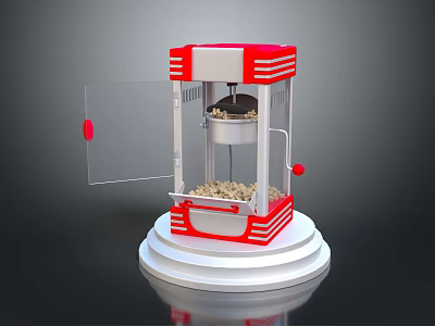 Red And White Commercial Popcorn Machine With Transparent Door Stable Base And Popped Corn 3d model