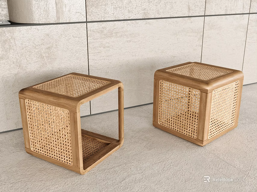Two Square Rattan Stools With Wooden Frame Against Gray Tiled Wall 3d model