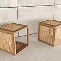 Two Square Rattan Stools With Wooden Frame Against Gray Tiled Wall 3d model