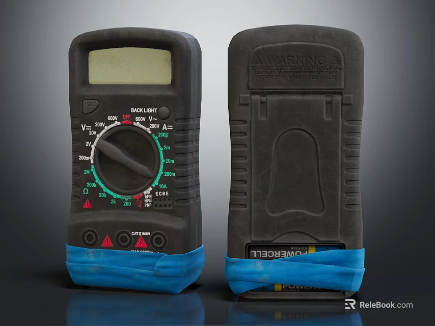 Multimeter Front And Back View With Black Body Blue Base And Dial 3d model