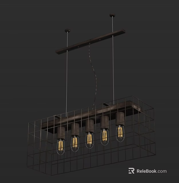 Modern Industrial Hanging Metal Chandelier with Grid Frame and Vintage Warm Yellow Bulbs 3d model 