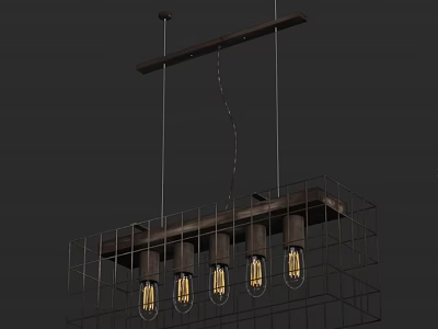 Modern Industrial Hanging Metal Chandelier with Grid Frame and Vintage Warm Yellow Bulbs 3d model