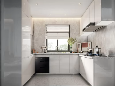 Modern White Kitchen Interior With Cabinets Window Countertop And Appliances 3d model