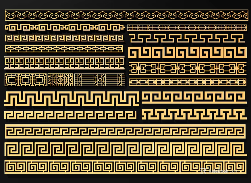 Traditional Golden And Black Carved Patterns With Geometric Decorative Borders 3d model 