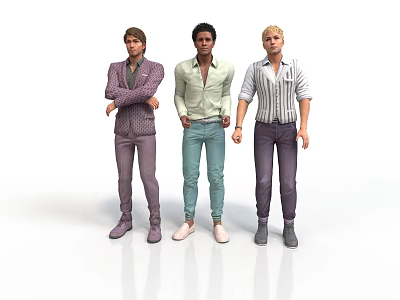 Three Men In Stylish Outfits Purple Suit Light Green Shirt And Striped Shirt 3d model