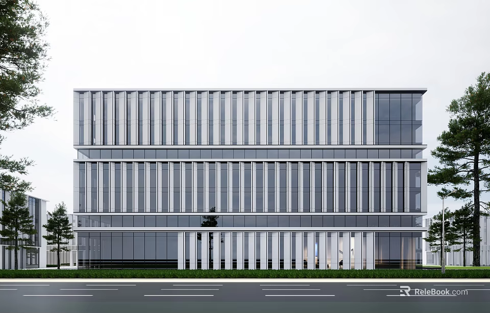 Modern Multi Storey Industrial Factory Building With Large Glass Windows And Metal Cladding 3d model 