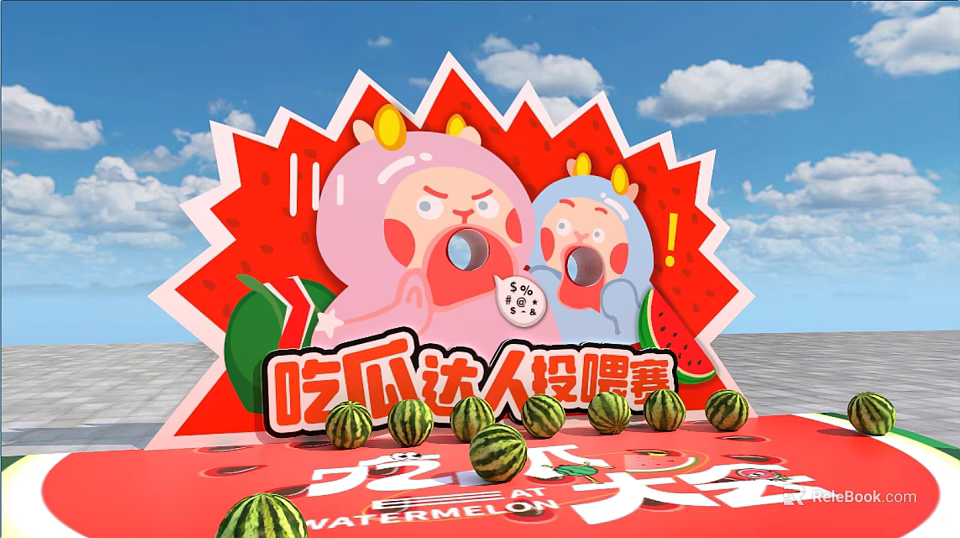 Interactive Zone Featuring Watermelon Feeding Competition With Cartoon Characters On Red Background 3d model