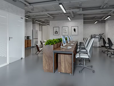 Open Layout Modern Public Office Space With Wooden Desks White Chairs Green Plants And Computers 3d model