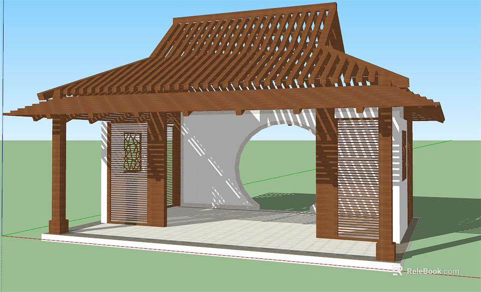 Traditional Chinese Wooden Pavilion With Latticed Roof Circular Window And Open Design 3d model 