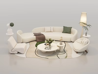Elegant Modern Curved White Sofa and Coffee Table Set with Armchairs Rug and Floor Lamp 3d model